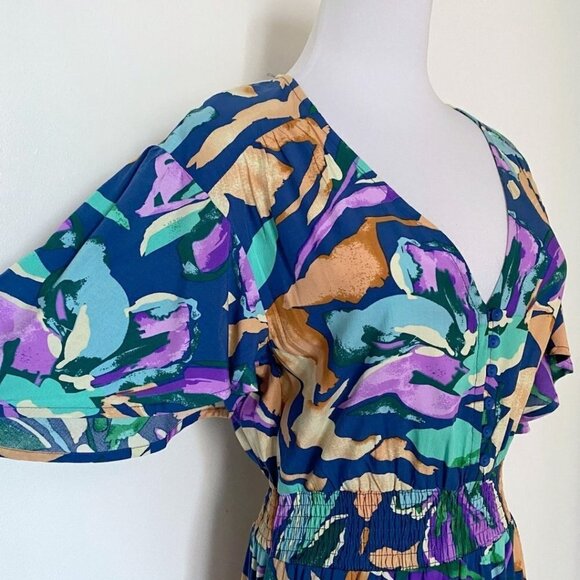 NWT ABEL THE LABEL PURPLE GREEN SALVIA PRINT SHORT SLEEVE HIGH LOW MAXI DRESS - Picture 4 of 8